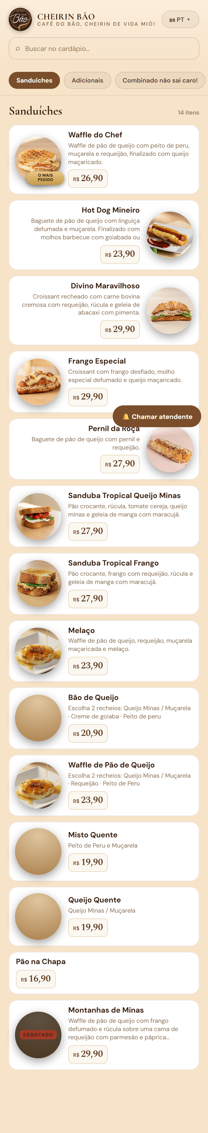 Cardápio digital aberto no celular do cliente