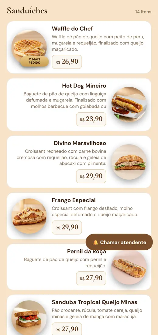 Cardápio aberto no celular do cliente: sanduíches com foto, descrição e preço, e o botão Chamar atendente.